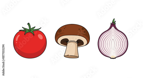 A colorful illustration of fresh vegetables including a tomato, mushroom, and red onion on a white background.