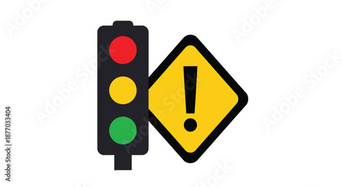 A traffic light and warning sign on a white background indicating road caution.