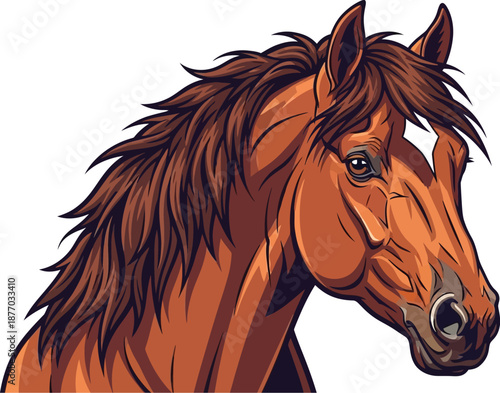 A cartoon illustration of a brown horse with a flowing mane looking to the right