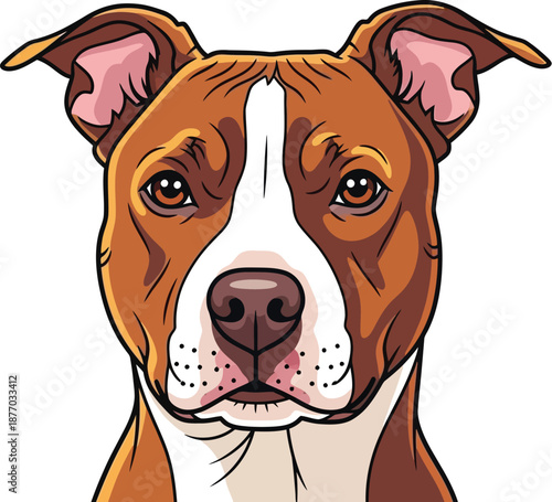A cartoon illustration of a brown and white pit bull dog looking directly at the viewer with a curious expression.
