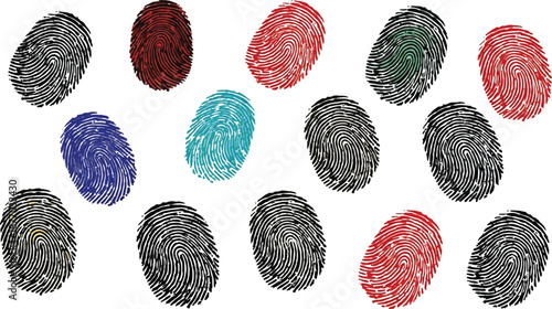 A collection of colorful fingerprints on a white background for identification and security purposes