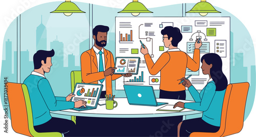 A diverse group of business professionals collaborating and brainstorming ideas in a modern office setting with laptops and charts