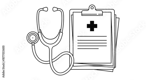 A medical clipboard with a stethoscope and a patient file with a red cross symbol on a white background.