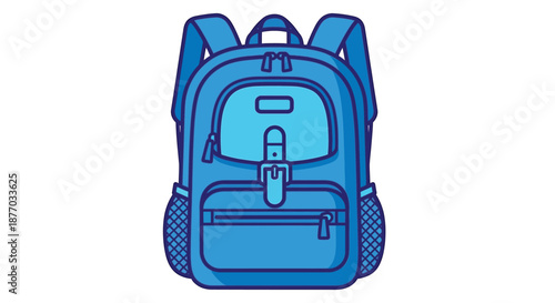 A blue backpack with multiple pockets and compartments on a white background