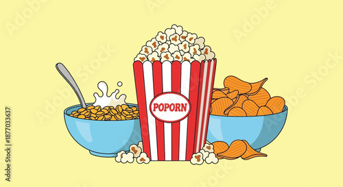 A colorful illustration of popcorn and snacks in bowls on a yellow background
