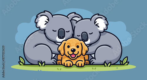 Two koalas and a golden retriever dog sitting together on a green grassy area with a blue background
