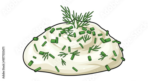 A dollop of creamy sour cream topped with fresh dill and chives on a white background