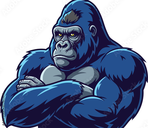 A muscular blue gorilla with a serious expression and crossed arms stands confidently in a powerful pose.