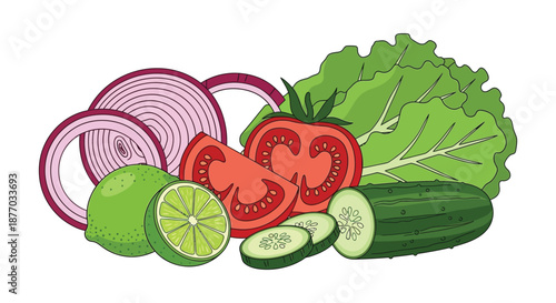 A colorful illustration of fresh vegetables and fruits, including tomatoes, cucumbers, and limes, arranged together on a white background.
