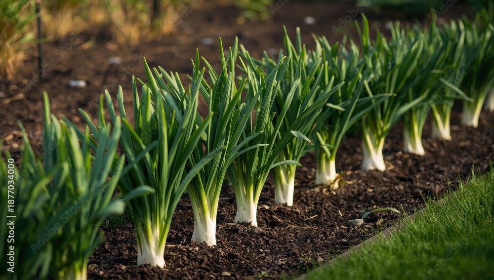 Obraz premium Leek plants thrive in vibrant green