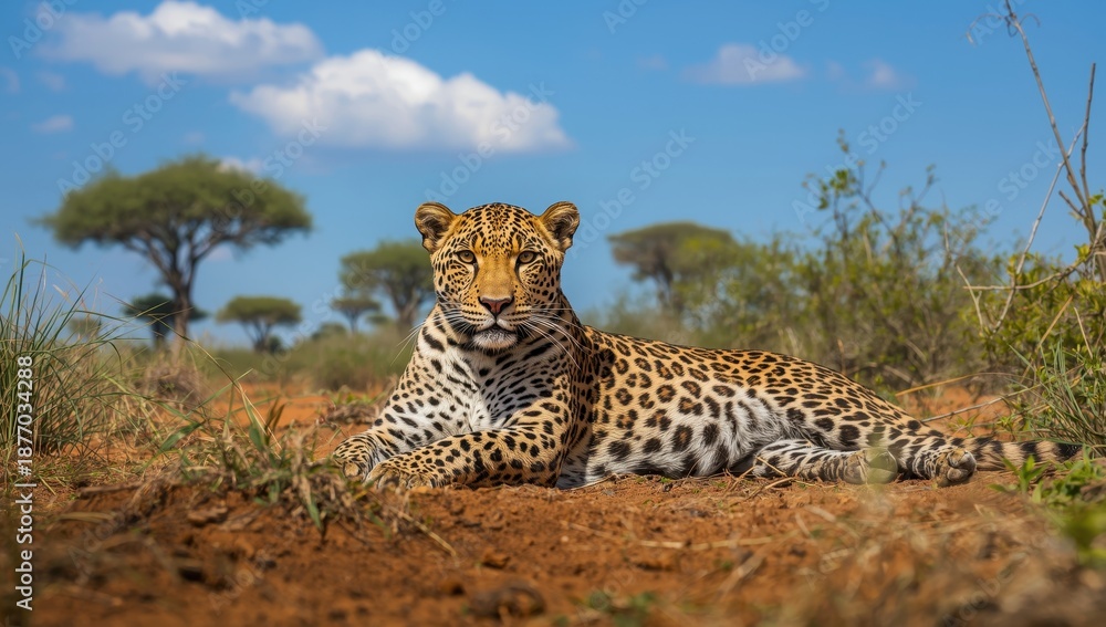 Obraz premium Leopard resting on sandy earth amid sparse greenery. South Africa