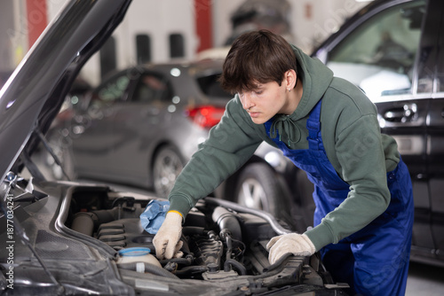 Quadro em tela Young male auto mechanic in blue overalls and gloves focused on adjusting parts