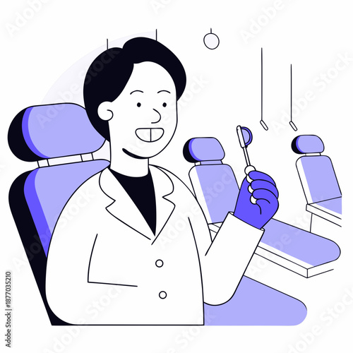 Dentist smiling while holding dental tool in examination room  