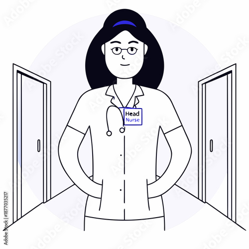 Head nurse standing with hands on hips in hospital corridor  