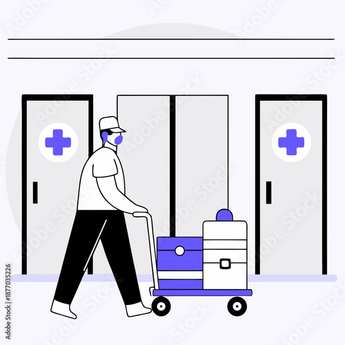 Male healthcare worker pushing cart with medical supplies in hospital  