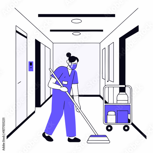 Female cleaner mopping floor in hospital hallway with equipment  