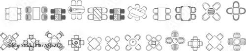 Technical vector library of top-view dining sets, featuring diverse 2 to 6-person square, round, and rectangular table arrangements for professional interior floor plans.