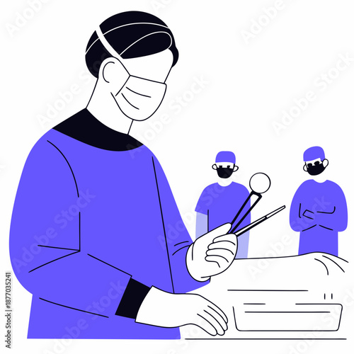 Surgeon preparing surgical tools in operating room with assistants  