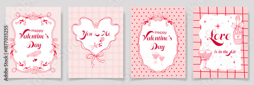 Valentine Coquette Greeting Card Set with hand drawn frames, hearts, flowers, wine, typography quotes. Whimsical Soft pink design for Valentines day, Wedding, poster, love message, social media posts