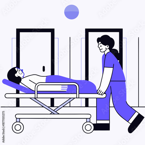 Nurse transporting patient on stretcher through hospital corridor  