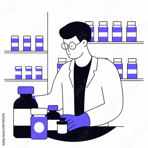 Pharmacist organizing medication in pharmacy with shelves of bottles  