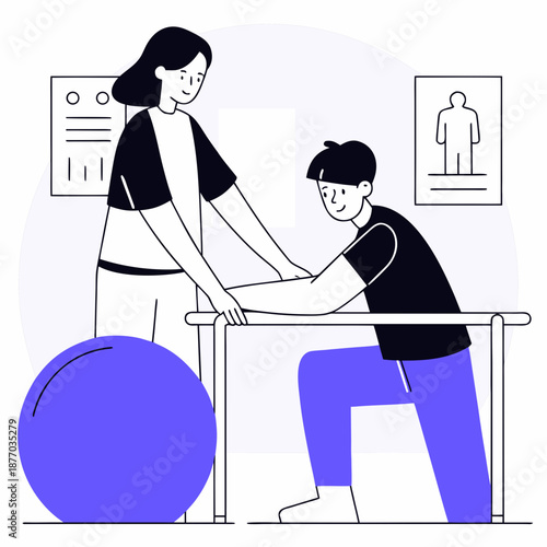 Young woman assisting man in rehabilitation exercises with ball  