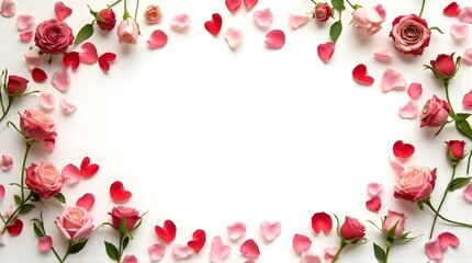 A romantic pink flower frame with red roses and heart shape petals with copy space for text, creates a decorative Valentine's, mother's Day border for wedding card, holiday decorative gift design