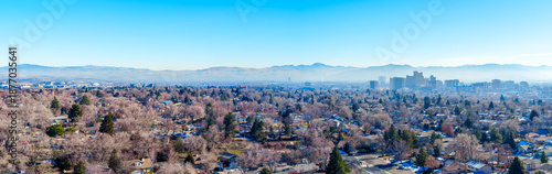 Konstfotografi Aerial panoramic view of the City of Reno and Sparks covered in a smoggy haze during a temperature inversion