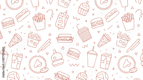 fast food seamless pattern with burger pizza fries and drinks icons
