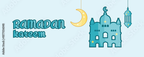 Ramadan Kareem horizontal greeting banner with lantern, mosque silhouette and crescent moon, islamic night illustration