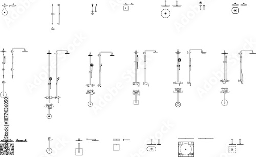 Technical vector collection of bathroom shower fixtures, featuring various shower heads, mixer valves, and complete shower sets in top and front views for professional interior plans.