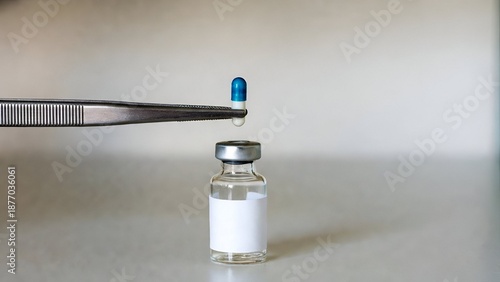 Capsule held with tweezers above glass vial with blank label symbolizing pharmaceutical research, vaccination concept, laboratory testing and modern medical science
