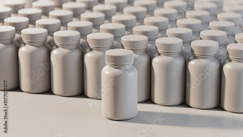 Rows of white pharmaceutical bottles representing mass production medication supply and supplement manufacturing industry