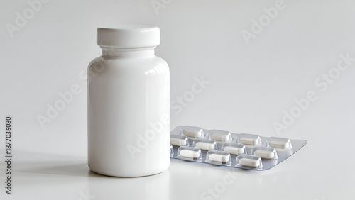 White medicine bottle with blister pack of tablets on clean background symbolizing healthcare treatment, prescription drugs, supplements and medical therapy concept
