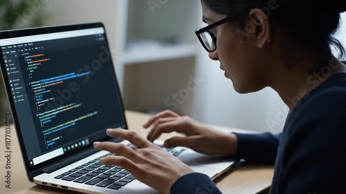 Woman coding on modern laptop computer