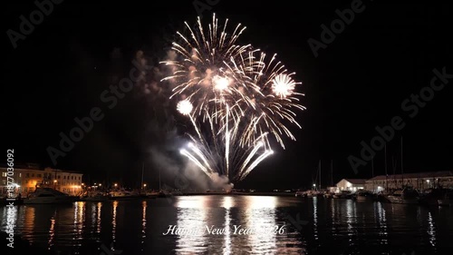 Fireworks light up night harbor celebration,festive