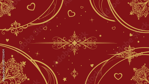 Elegant Golden Pattern with Hearts and Floral Motifs on a Red Background, Celebrating Love and Romance