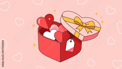 A heart-shaped box filled with hearts and soft cushions, decorated with a ribbon and sparkles, on a soft pink background with heart patterns