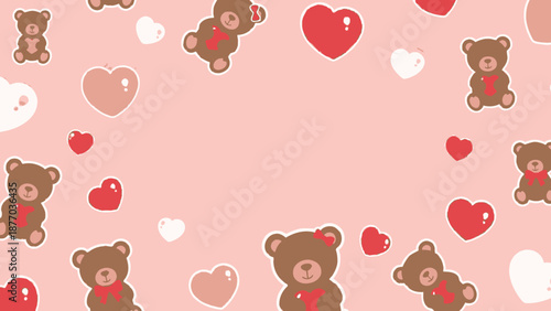 Cute teddy bears and hearts scattered on a soft pink background from a top-down viewpoint