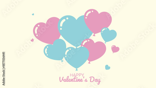 A cluster of pastel pink and blue heart-shaped balloons floating in the air with a Happy Valentine's Day message