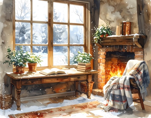 fireplace in the house Interior illustration wallpaper in the attic
