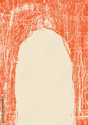 Vector frame with a realistic tree, banyan, or ficus with roots and branches in a gothic or grunge style. Space for inscription. Magical, fairytale, and mystical. Halloween party poster. No ai