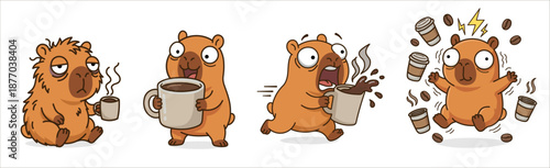 Set of funny capybara coffee stickers cute character showing stages from tired morning to hyper energy caffeine rush kawaii illustration with coffee beans and mugs for lovers and design.