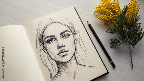 Open sketchbook with approximate charcoal drawing of a woman's face  