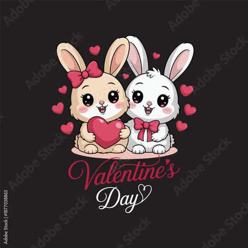 Cute Kawaii Rabbit Couple Holding Heart Happy Valentine’s Day Illustration