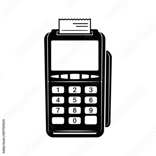 A black and white illustration of a payment terminal with a keypad