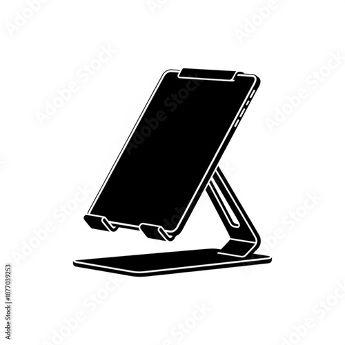 A black and white illustration of a tablet on a stand