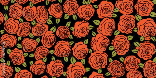 Rose flowers with leaves. Floral hand drawn art ornamental background. Doodle style. Vector illustration. Simple minimalistic nature design.