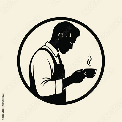 Barista holding and admiring steaming cup of coffee silhouette emblem design