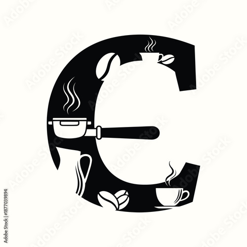 Coffee elements inside initial letter c logo design icon with various items
